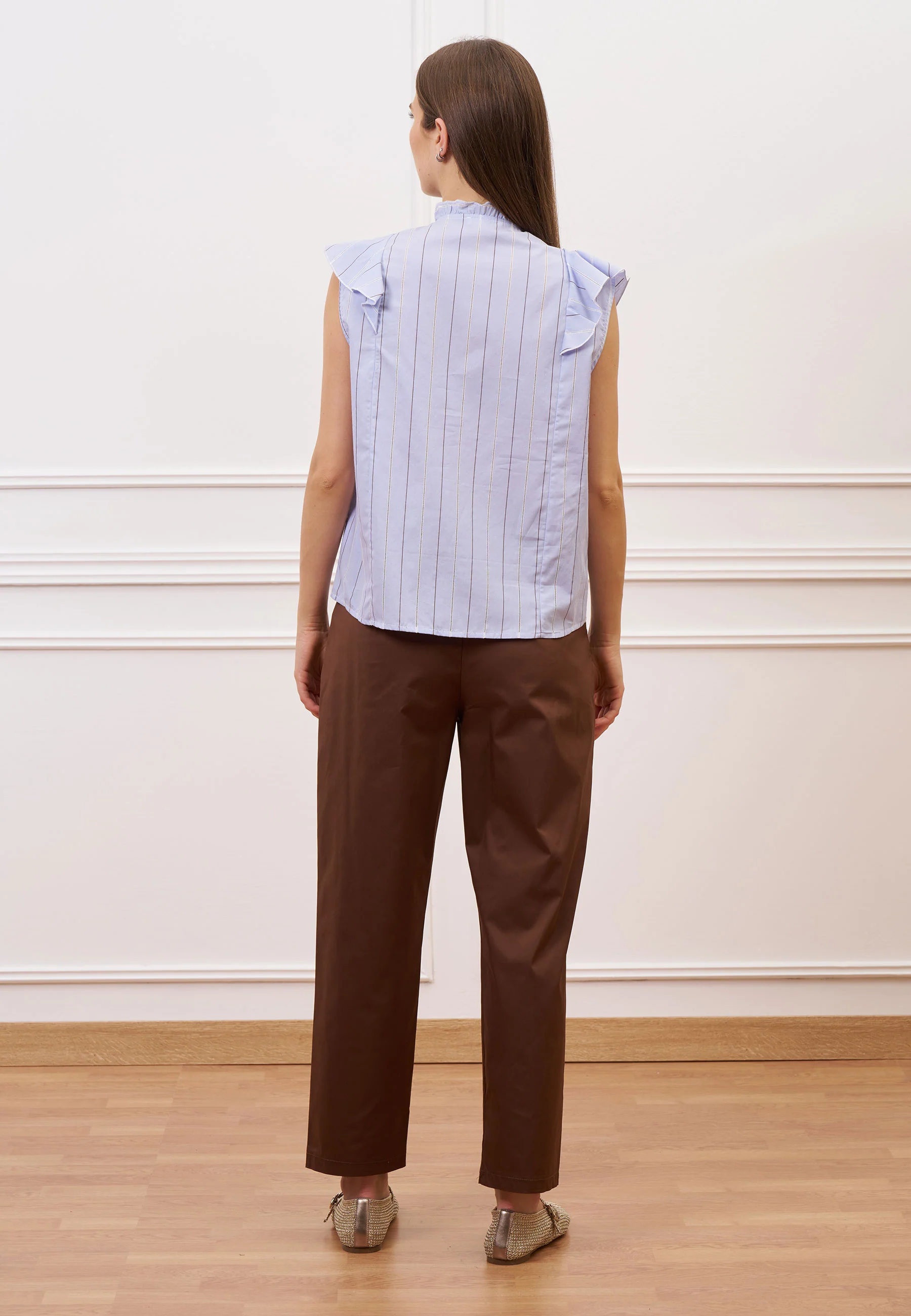 Blusa a righe con volant sulle spalle - CELESTE - Image 6