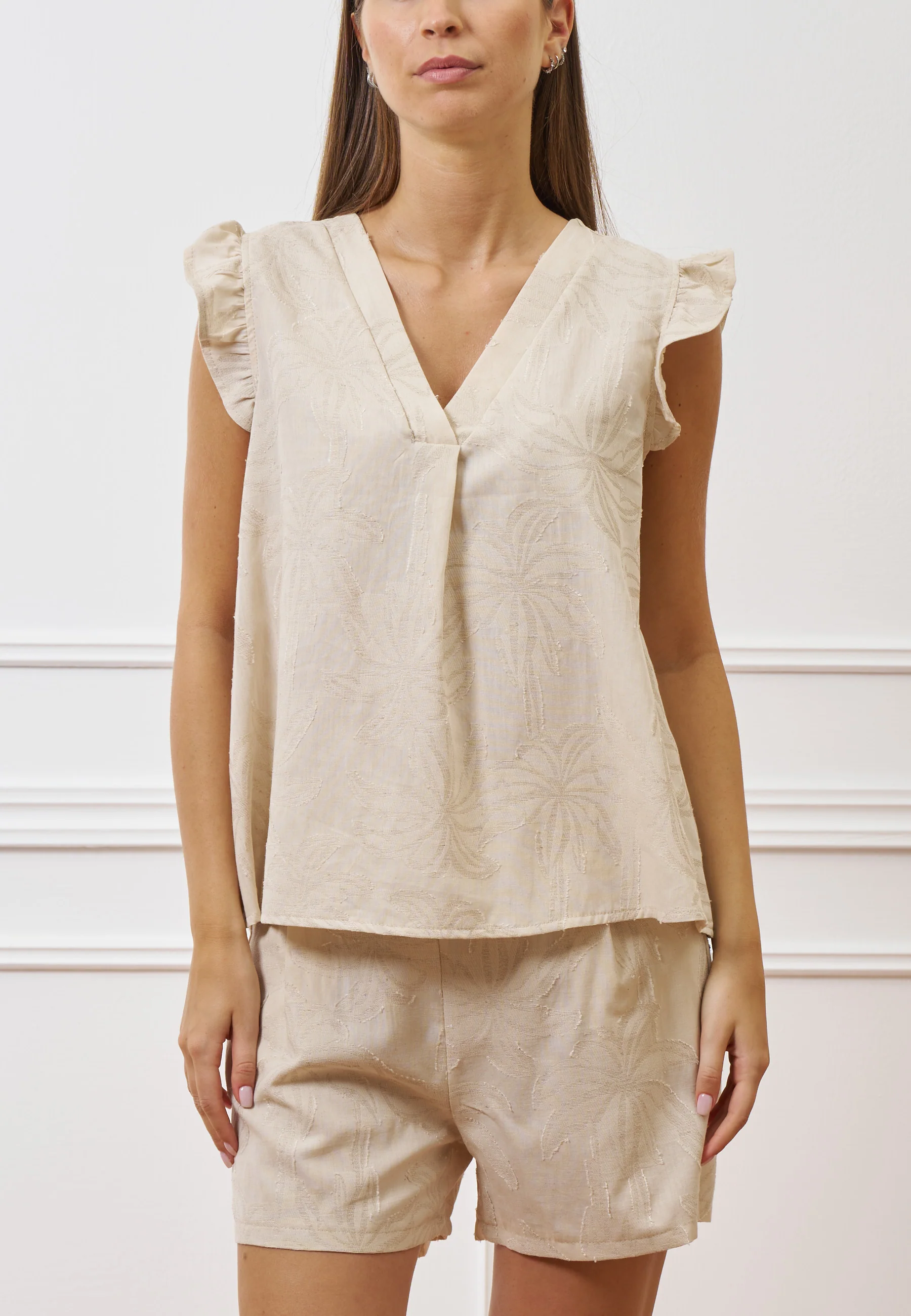 Blusa in misto lino jacquard - AVORIO - Image 2