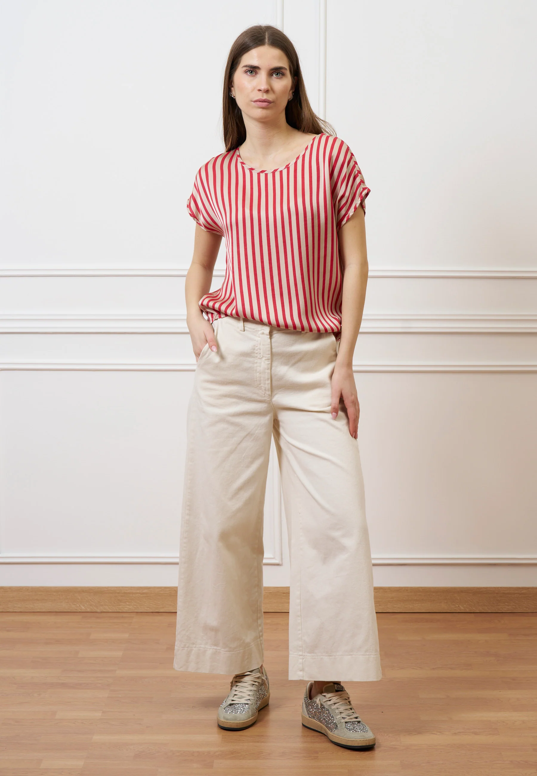 Blusa in raso a righe  - ROSSO/BEIGE - Image 4