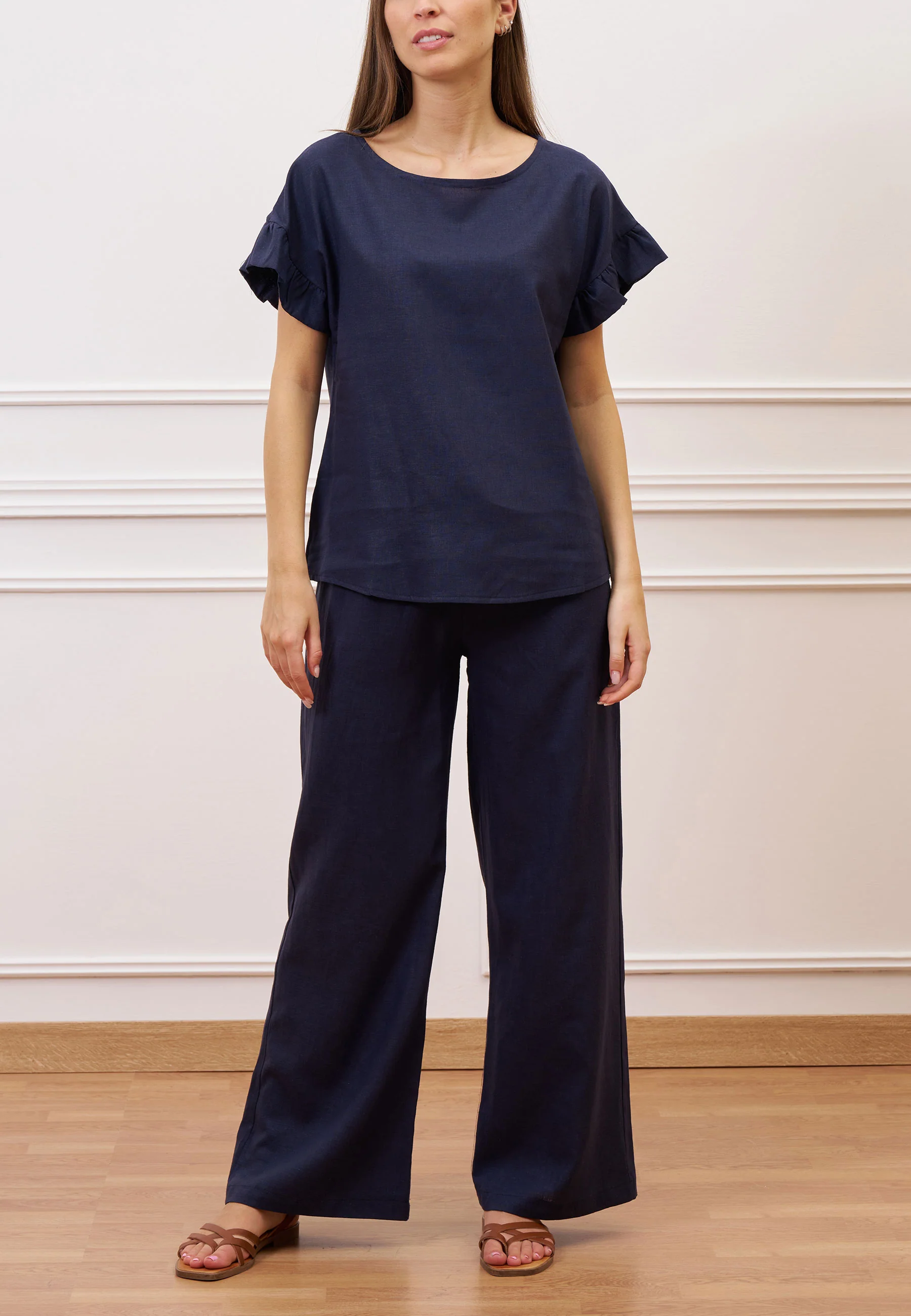 Blusa misto lino con volant maniche - BLU - Image 2