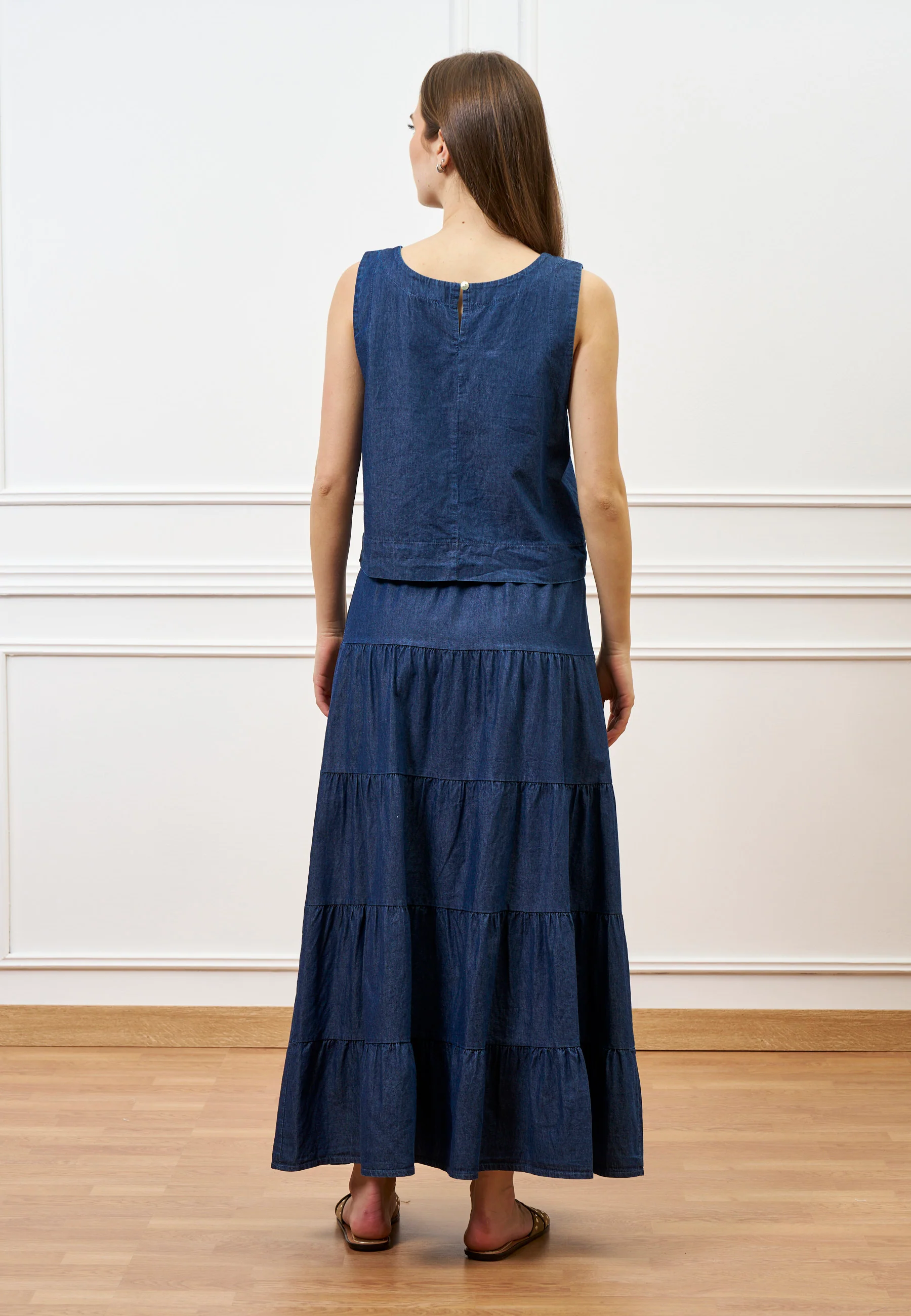 Blusa smanicata in chambray - BLU - Image 5