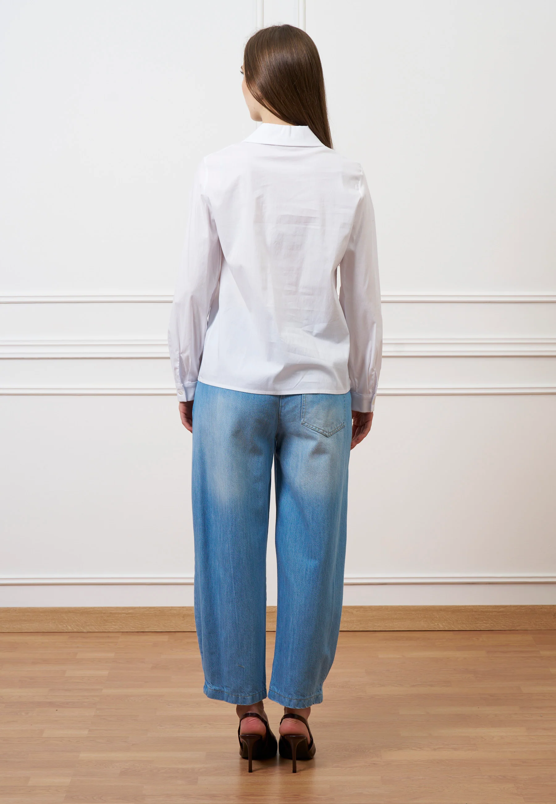 Camicia con scollo a v in popeline - BIANCO - Image 6