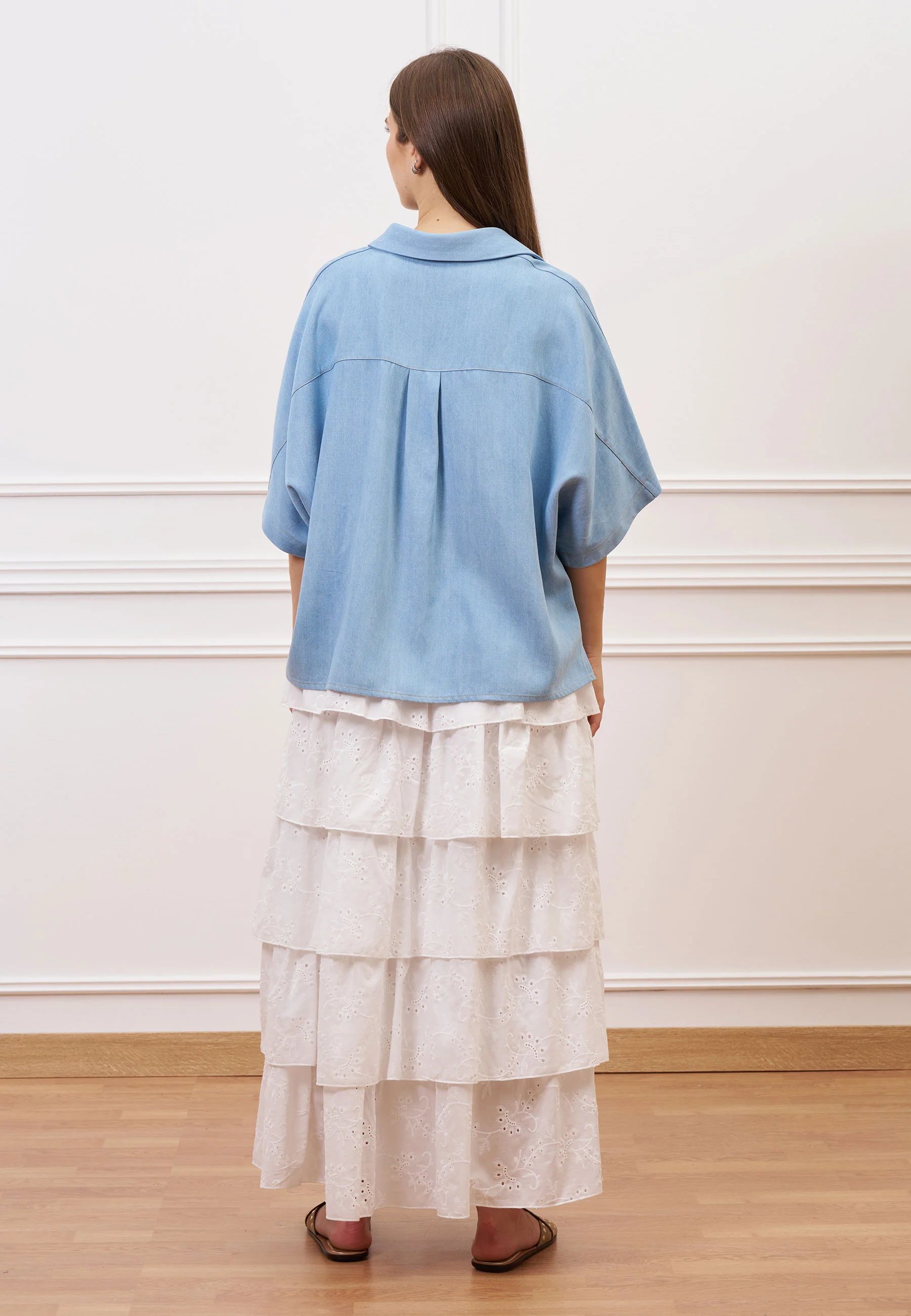 Camicia over effetto denim maniche corte  - CELESTE - Image 4