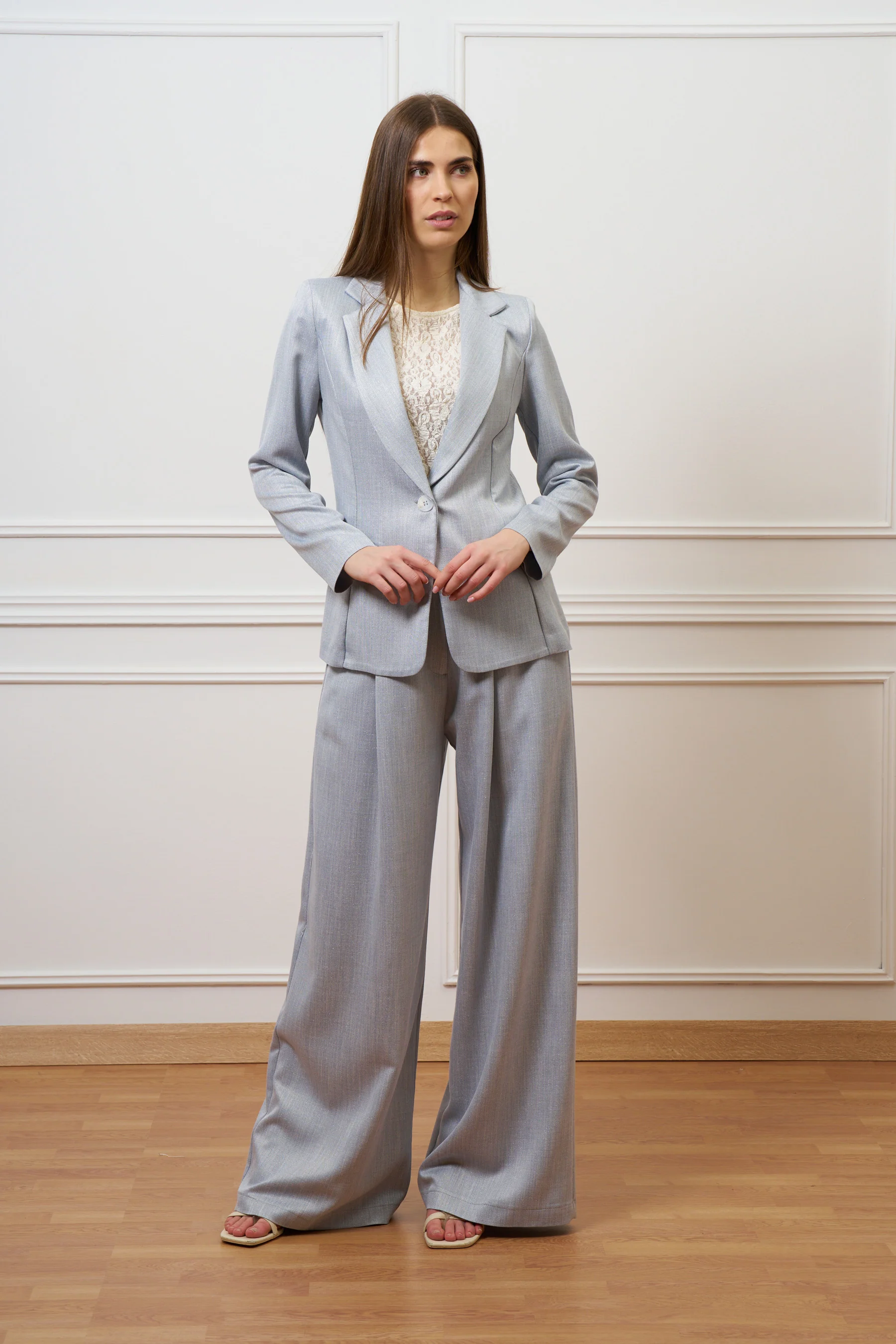 Giacca monopetto con lurex - CELESTE - Image 4