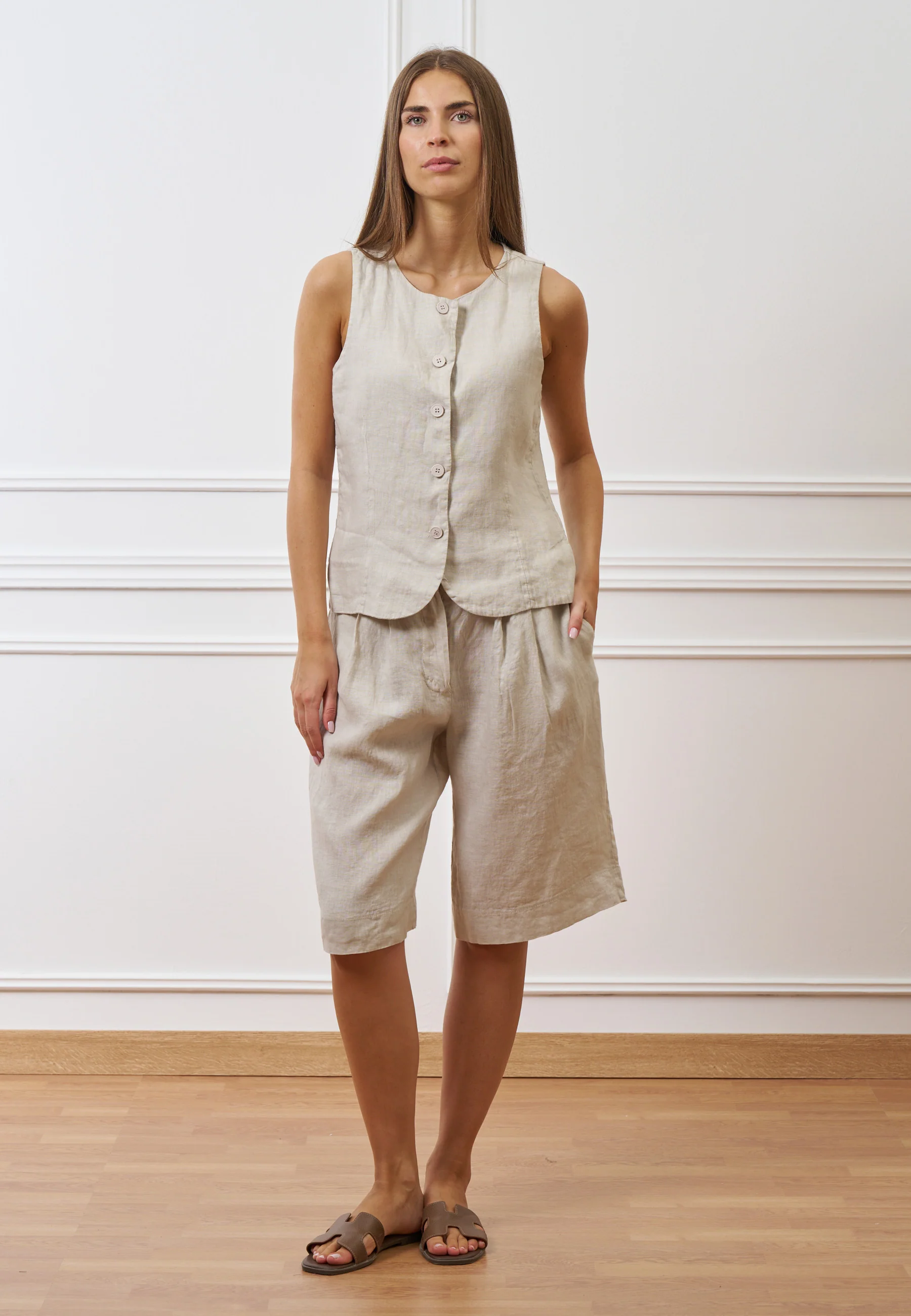 Gilet girocollo in puro lino - BEIGE - Image 3