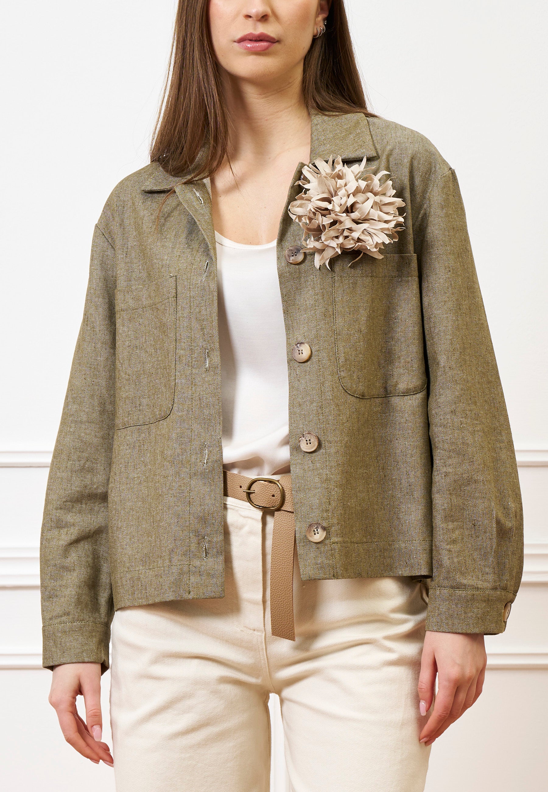 Giubbino crop in lino e cotone - MILITARE