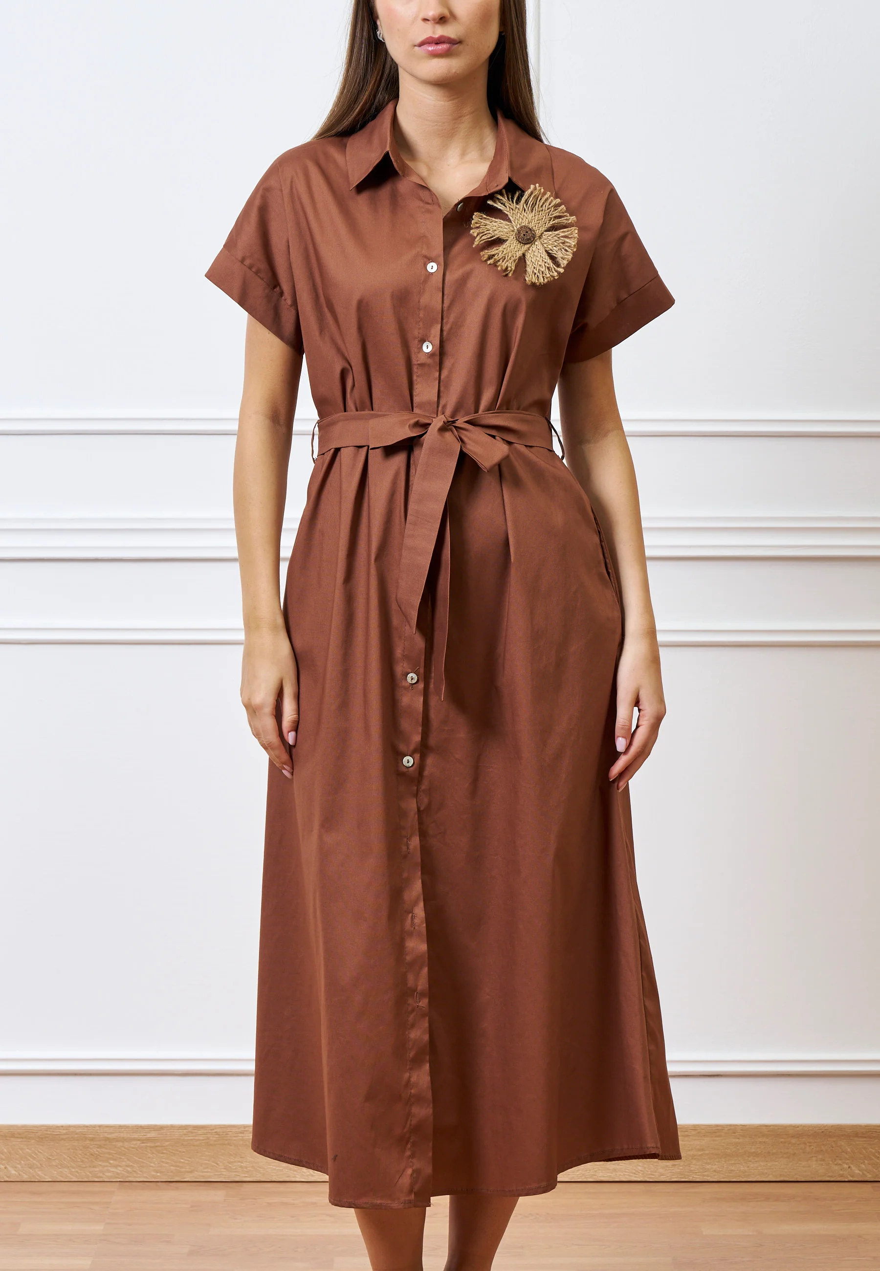Vestito lungo chemisier con cintura - MARRONE - Image 2