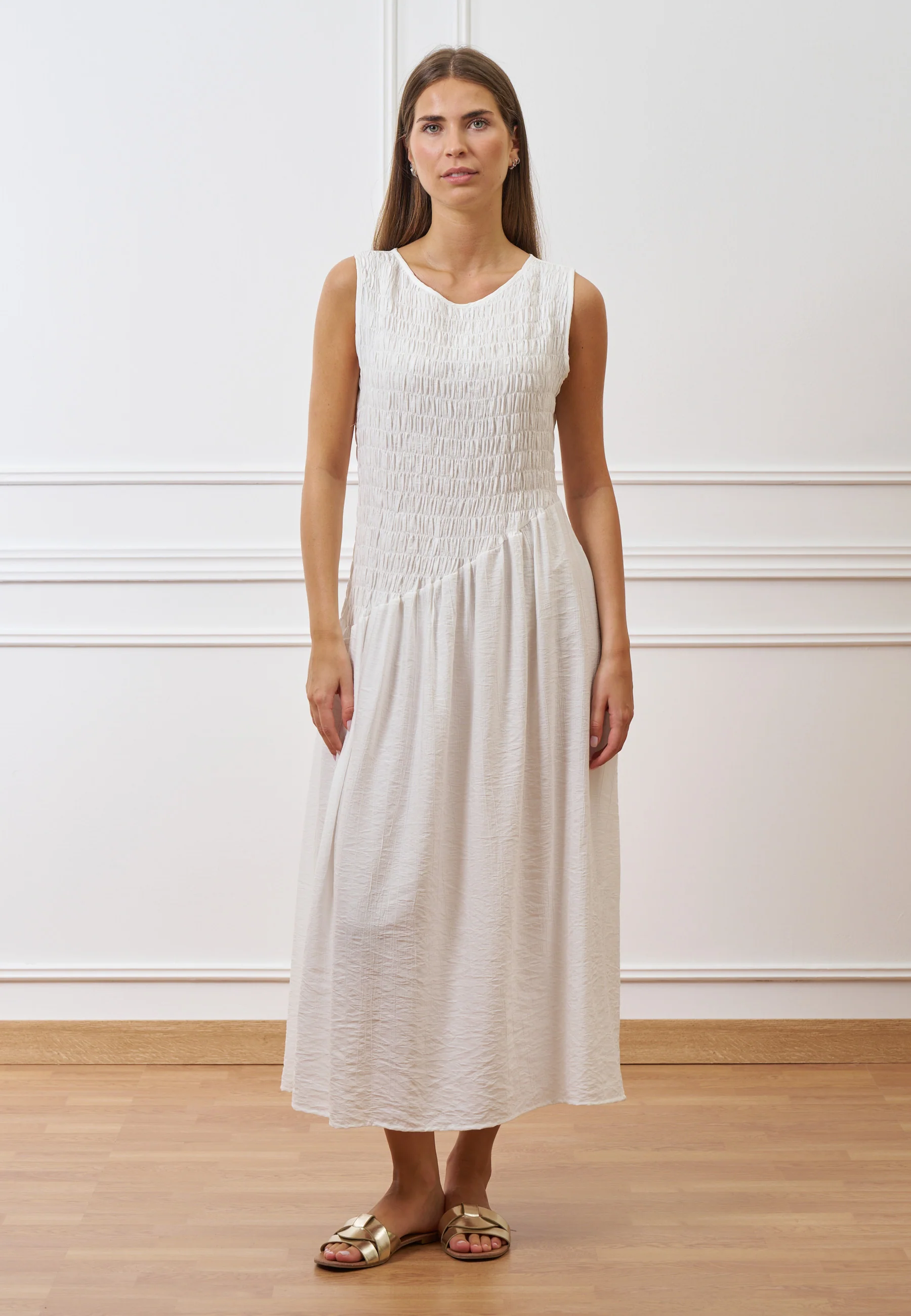 Vestito lungo con bustino arricciato  - BIANCO - Image 4