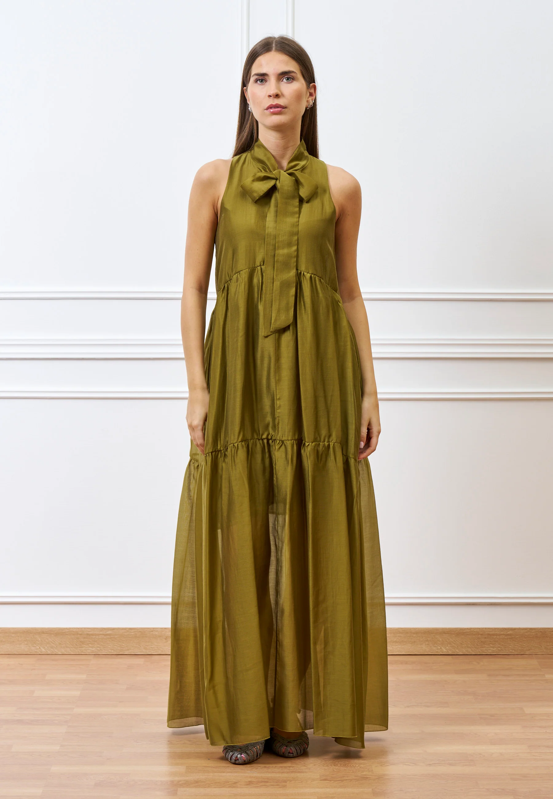 Vestito lungo in mussola con fiocco - MILITARE - Image 2